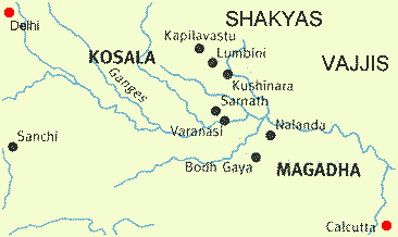 Map of important sites in the life of the Buddha