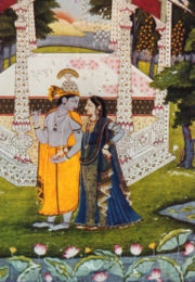 Krishna (left), the eighth incarnation (avatar) of Vishnu or svayam bhagavan, with his consort Radha, worshiped as Radha Krishna across a number of traditions - traditional painting from the 1700s.