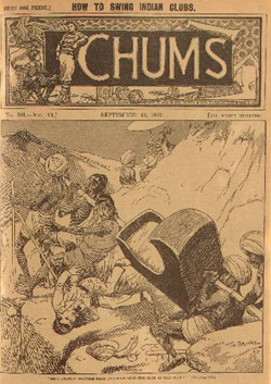 Tom Browne, "Shot Graham Travers Head Foremost over the Edge of the Cliff!" [Cover], Chums (Vol. VI, no. 263) 1897. 