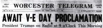 Front page Worcester Telegram and Gazette, May 8, 1945