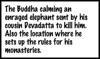 The Buddha calming an enraged elephant sent by his cousin Devadatta to kill him. Also the location where he sets up the rules for his monasteries.